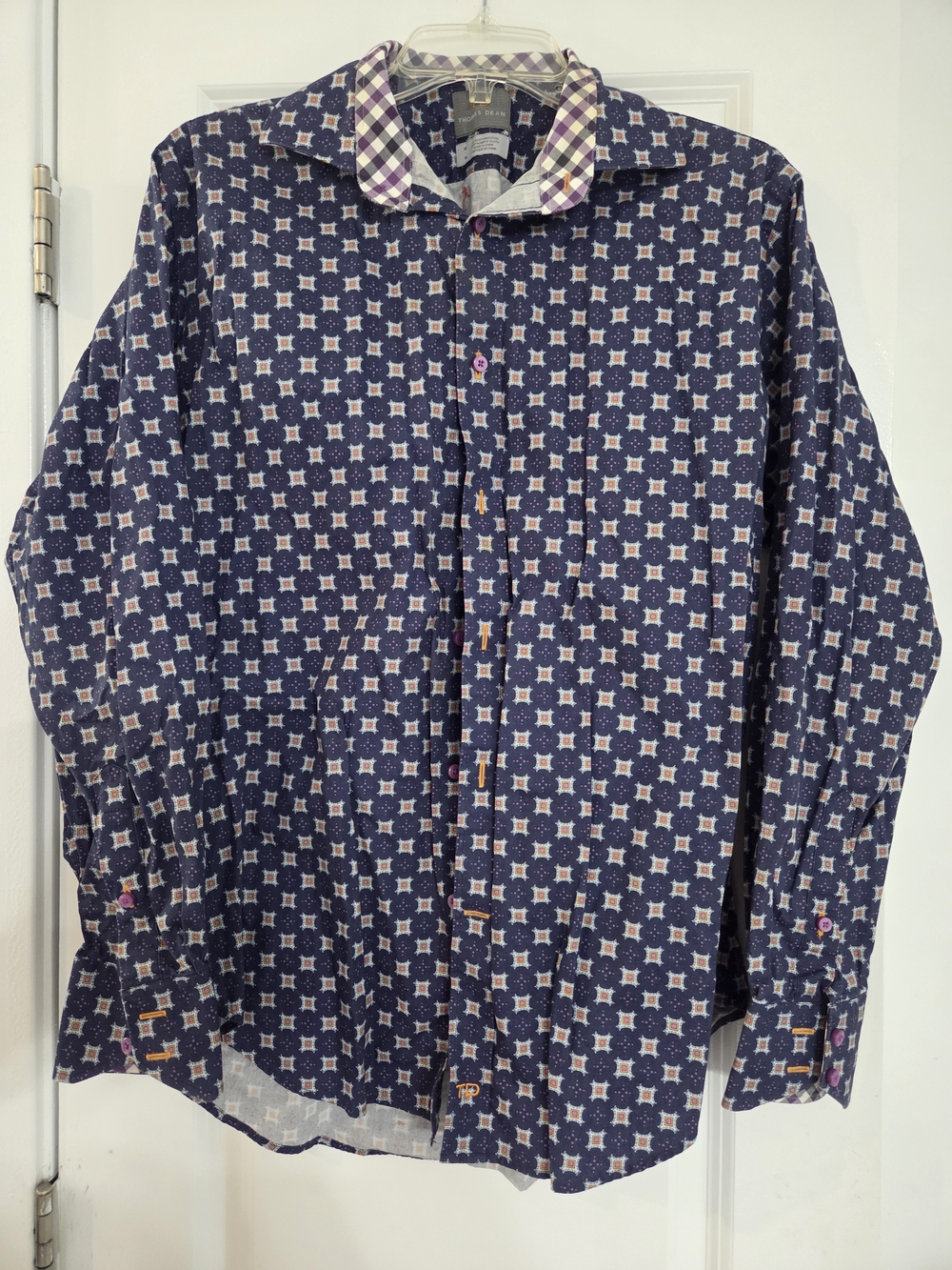 Thomas Dean Button-Down Shirt with Purple Accents. Retails $95 To $125 (See Pic)